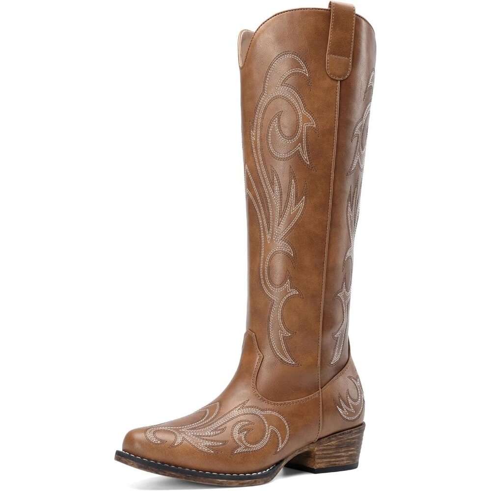 ⚡Womens Brown Faux Leather Cowgirl Knee High Side Zipper Chunky Heel Boots